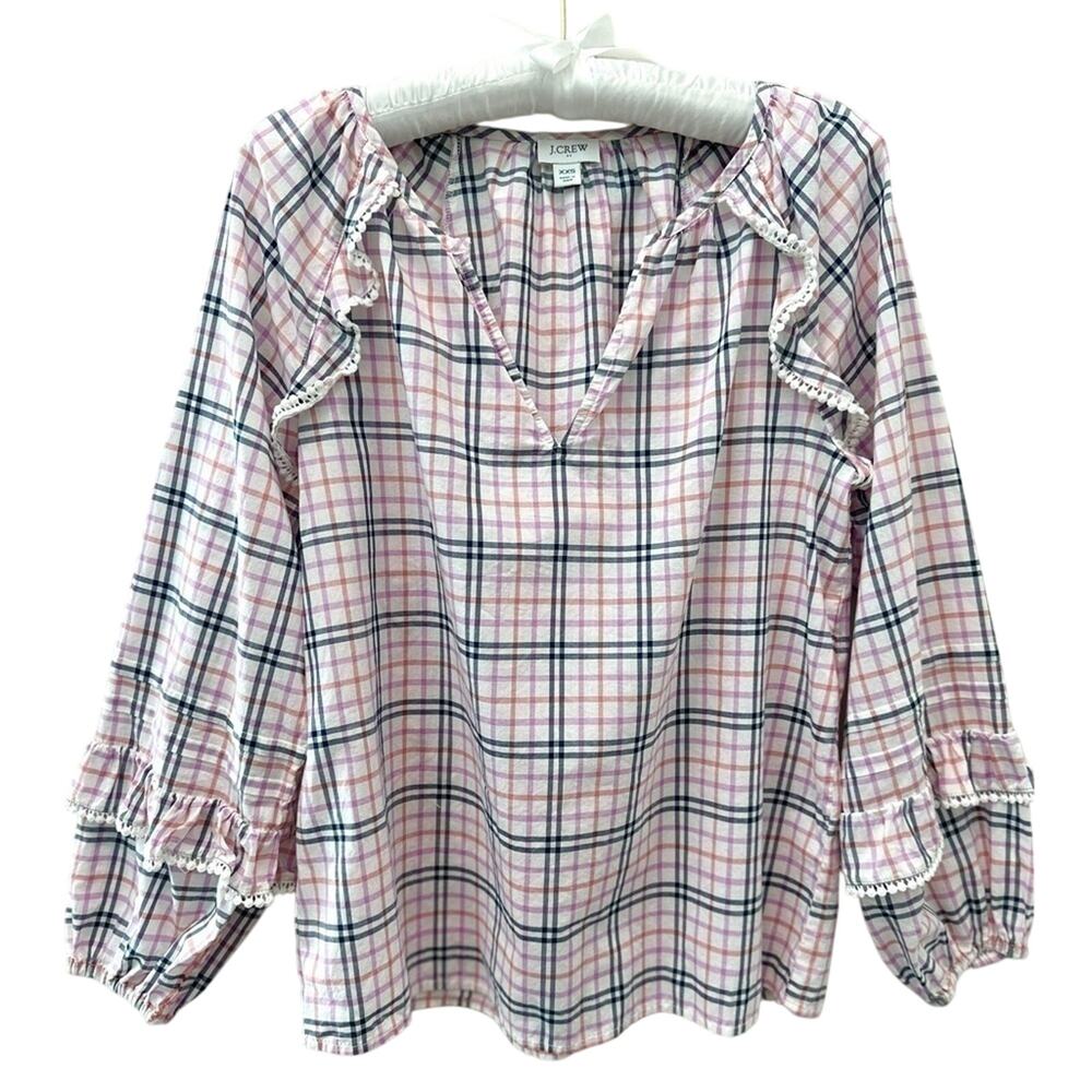 J.CREW | Plaid Ruffle Sleeve Peasant Blouse Pink Multicolor 100% Cotton | XXS